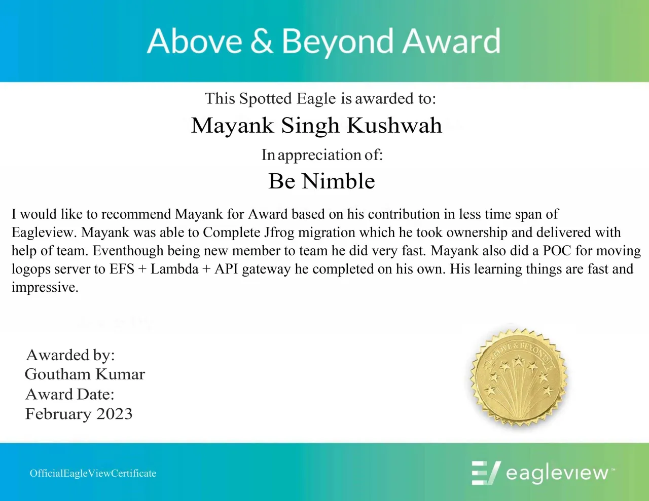 award of mayank singh kushwah at eagle view