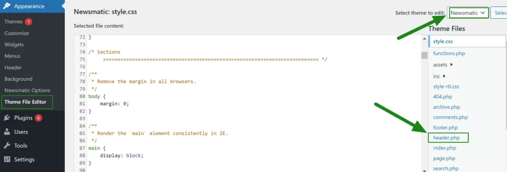 select header file of the theme in wordpress.
